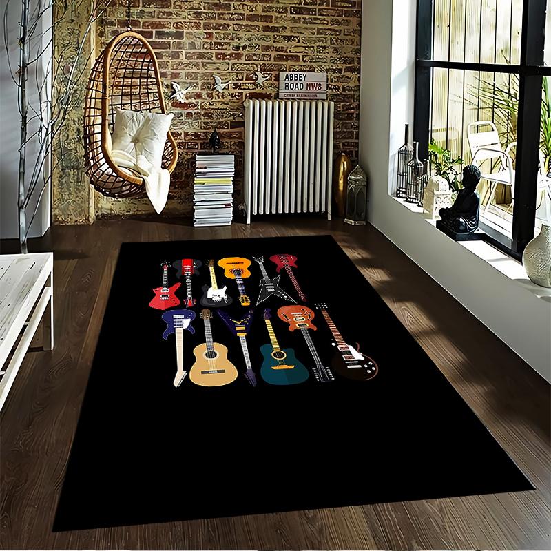 Colorful Guitar Pattern Carpet for Music Lovers, Black Background Design Suitable for Use As an Anti-slip for Living Room Bedroom Sofas