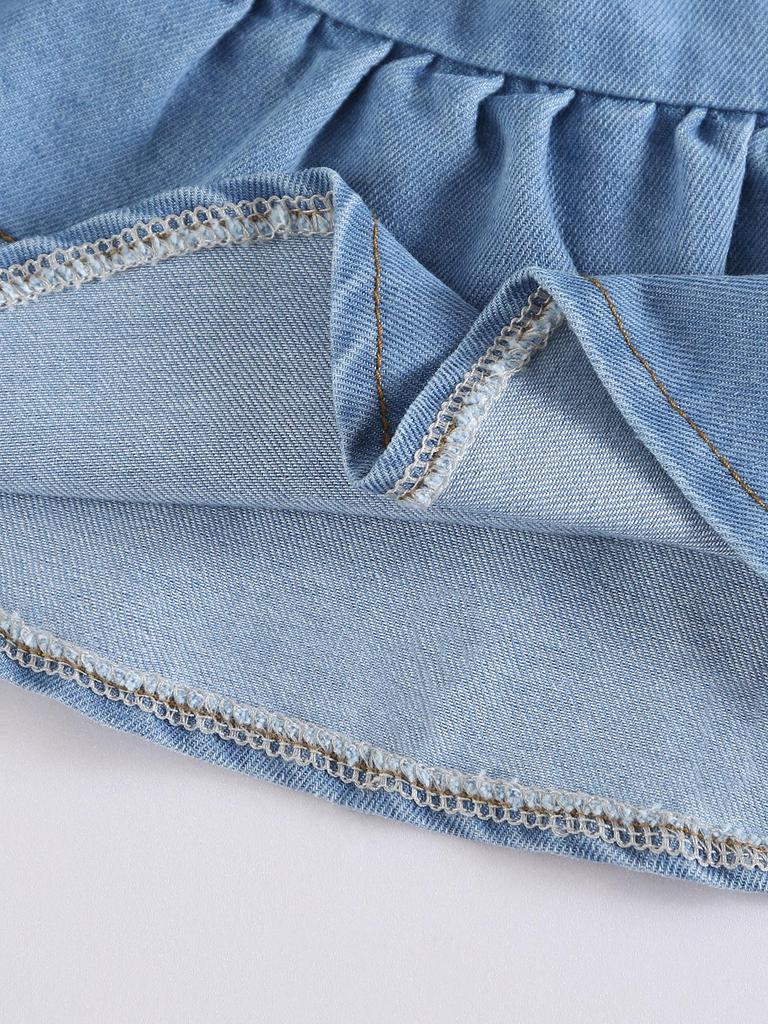 Two-piece Casual and Cute Outfit for Toddlers, Y2K Style, Double-layered Pleated Design, Denim Tank Top Paired with Denim Pants, Spring/summer Style.