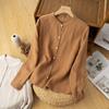 Women Stand Collar Linen Long Sleeve Shirt Multi Color Full Pearl Button Casual Pocket Blouse