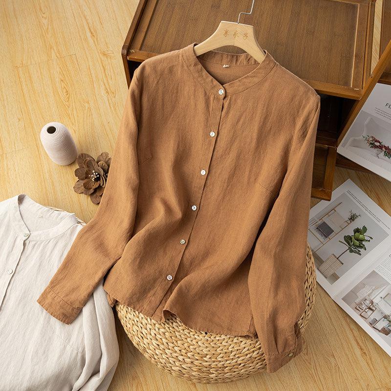 Women Stand Collar Linen Long Sleeve Shirt Multi Color Full Pearl Button Casual Pocket Blouse