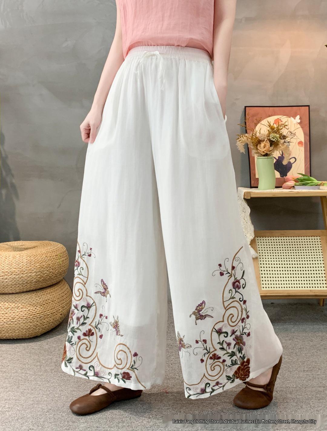 

2026 Spring Women s Linen Embroidered Pants - Elastic Waist, Straight Leg, Casual and Versatile. One Size