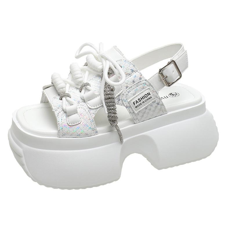 

Модные новые летние повседневные тапочки, женская обувь, кроссовки на высокой платформе 8 см, дышащие каблуки, кроссовки на танкетке, женские кожаные сандалии на толстой подошве 34 белый