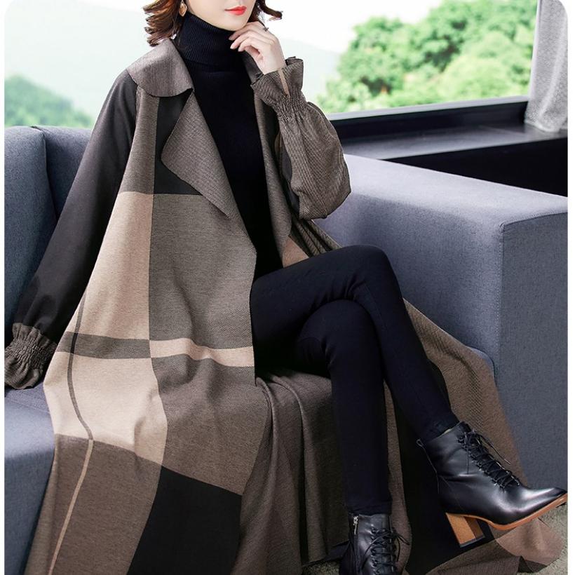 

Осень-зима женская ветровка X-длинные пальто женское пальто с открытой строчкой клетчатое пальто XXXL кофейный