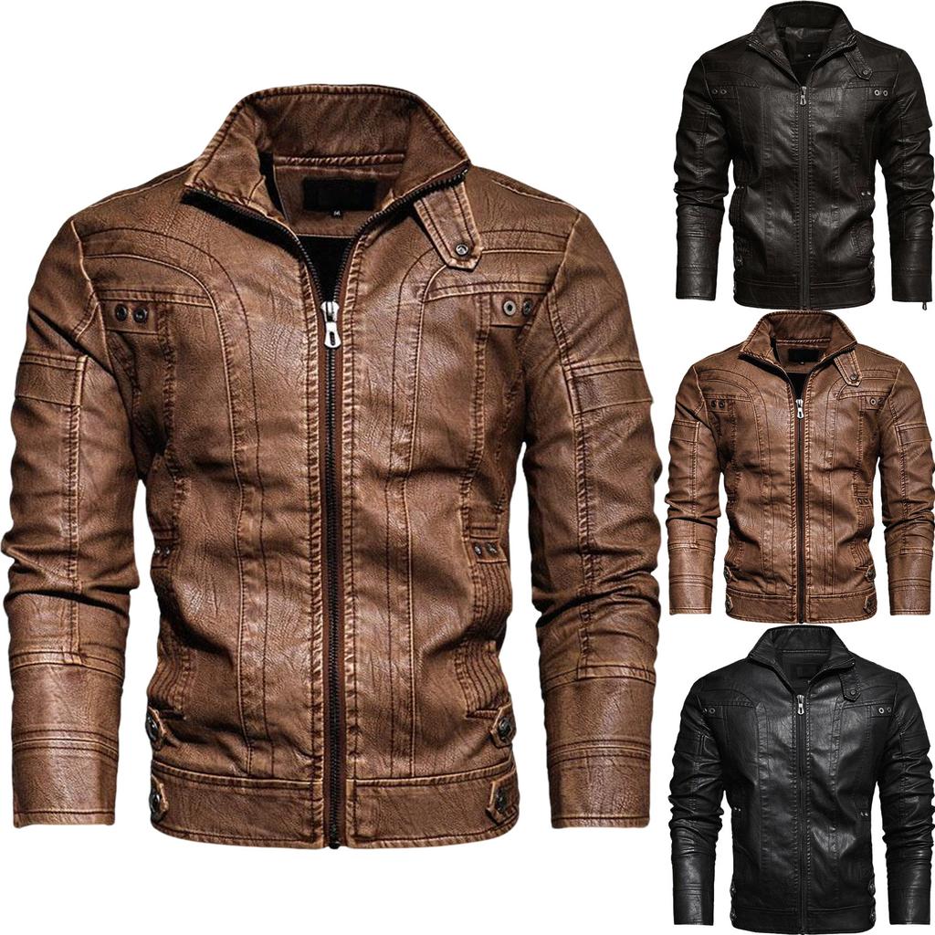 Men's Solid Color Stand Collar PU Leather Top Retro Casual Motorcycle Jacket