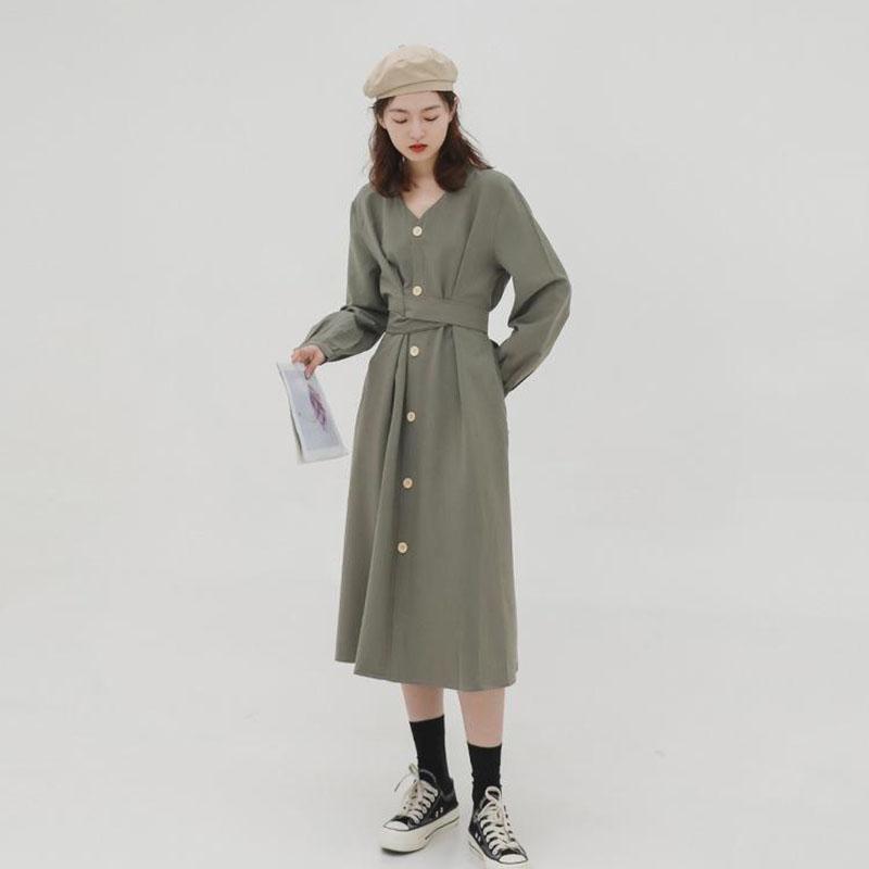 Japanese Vintage Style V-neck High Waist Lace Up Waist Dress