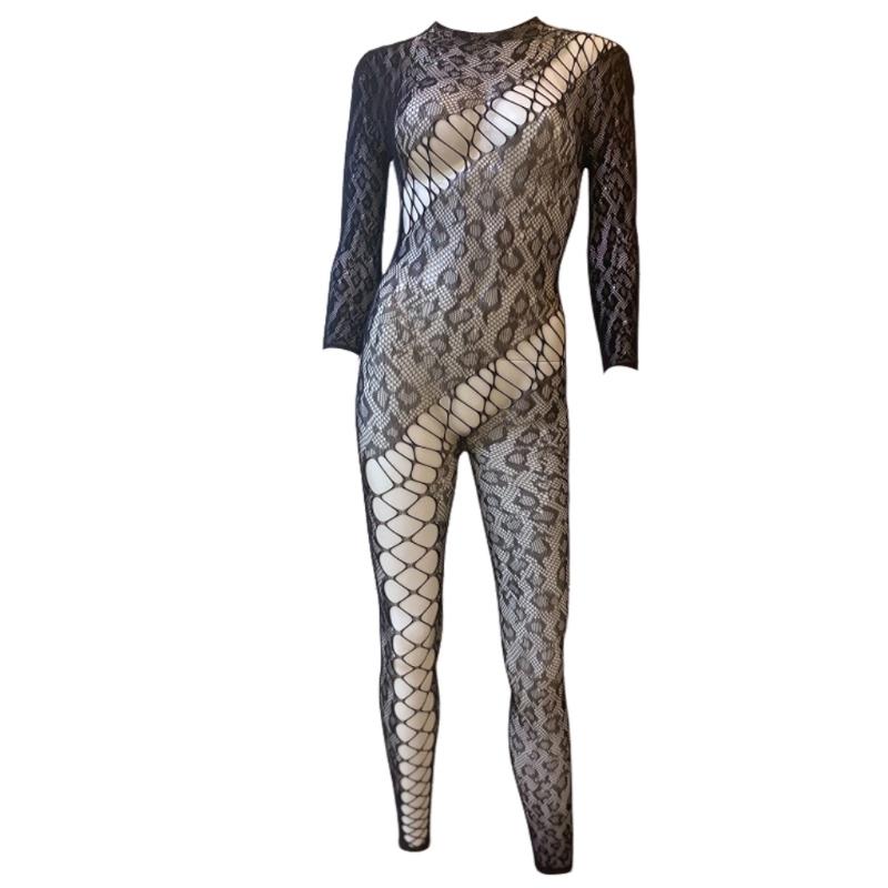Women Leopard Fishnet Bodystocking Long Sleeve Bodysuit Sexy Hollow Out Mesh Tights Nightwear Erotic Lingerie Jumpsuit
