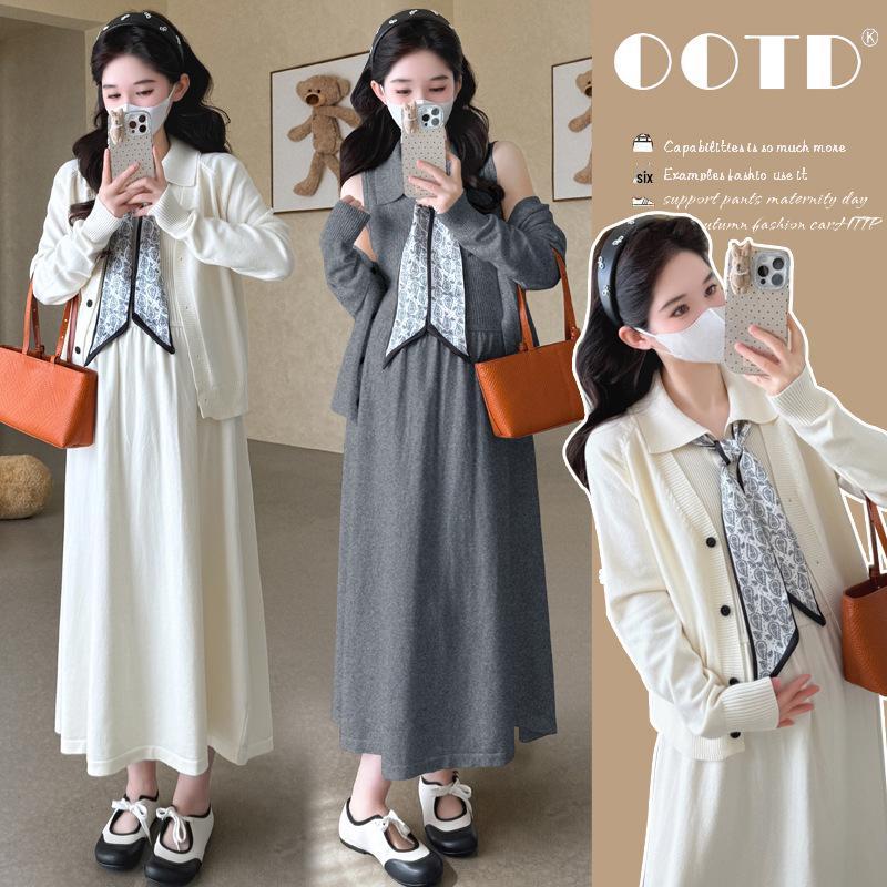 2026 Spring Maternity French Two-Piece: Long-Sleeve Cardigan + Loose Slimming Camisole Dress XL