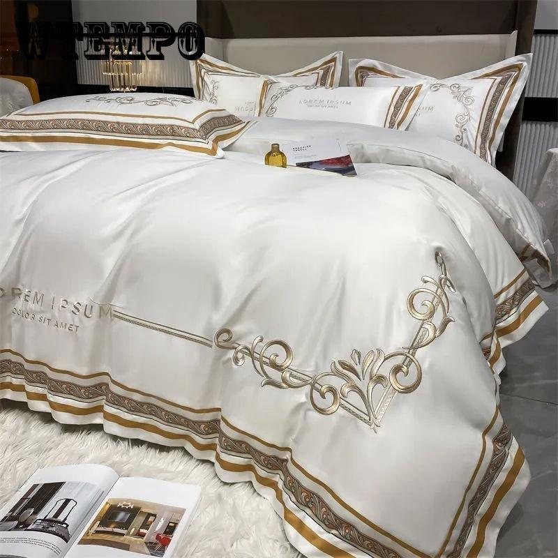 Lux șic broderie cu pene aurii bumbac egiptean alb galben deschis mozaic cearșaf de pat fețe de pernă set de lenjerie de pat