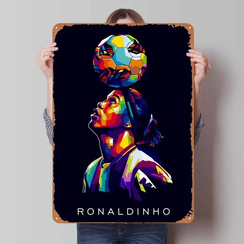 Ronaldinho Sign Sportposter Metallväggkonst av Muraler Vintage Metallplåtskylt Plakett för Väggkonstdekoration Mank Cave Retro Hem