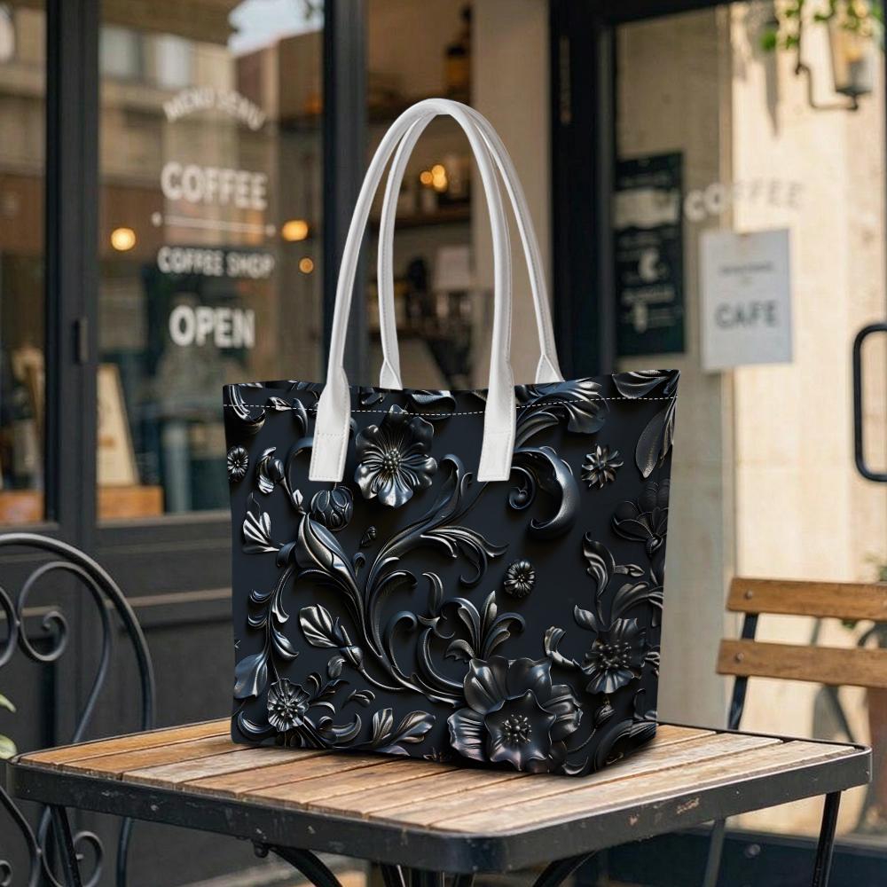 Elegant Black Floral Pattern Women Tote Bag Stylish Daily Shoulder Bag for Shopping Outdoor
