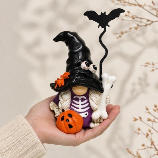 Halloween Gnome Figurine, Small Resin Dwarf Table Decoration, Spooky Pumpkin Bat Skull Gnome Statue for Tiered Tray, Tabletop, Home Decor