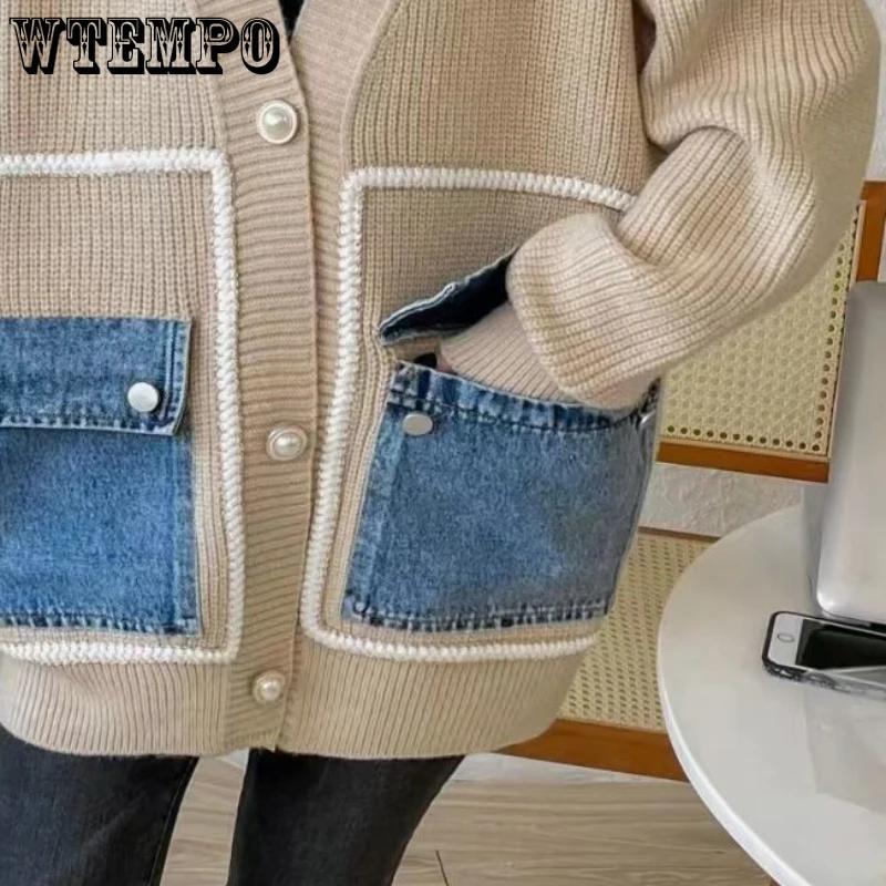 WTEMPO Loose Spliced Cardigan Women Open Front Sweater Long Sleeve V Neck Knitwear Female Coat with Patchwork Denim Pocket
