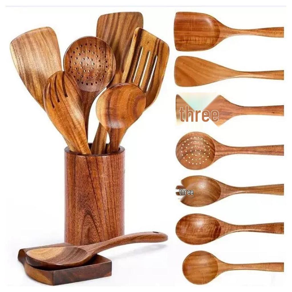 Teak 9-Piece Kitchen Set: Solid Wood Spatula, Spoon, Fork, Non-stick Pan, Acacia Wood Utensils, Long Handle Pot & Vegetable Spatula