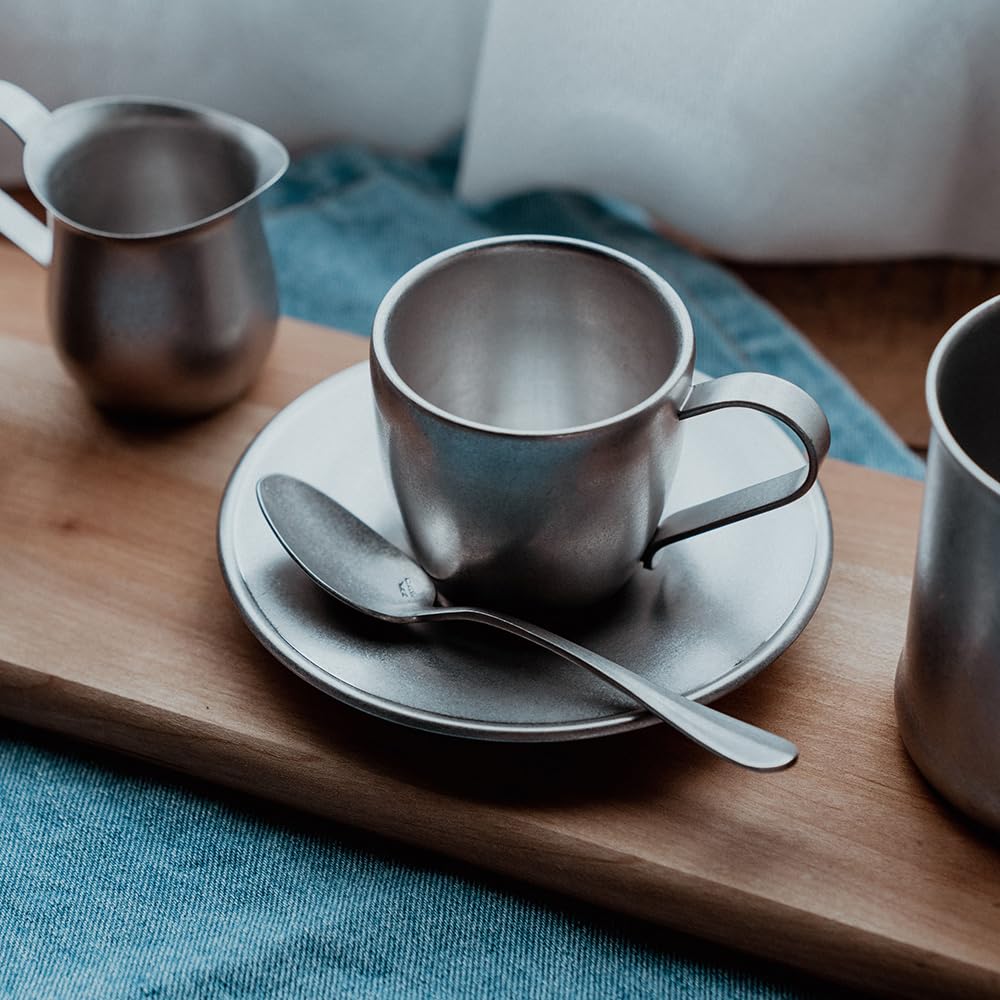 Vintage Inox DW Cup & Saucer, 160ml, Made in Japan, Perfect for Cafes, Restaurants, Tea & Coffee, Stainless Steel, Aged Finish, Shatterproof,
