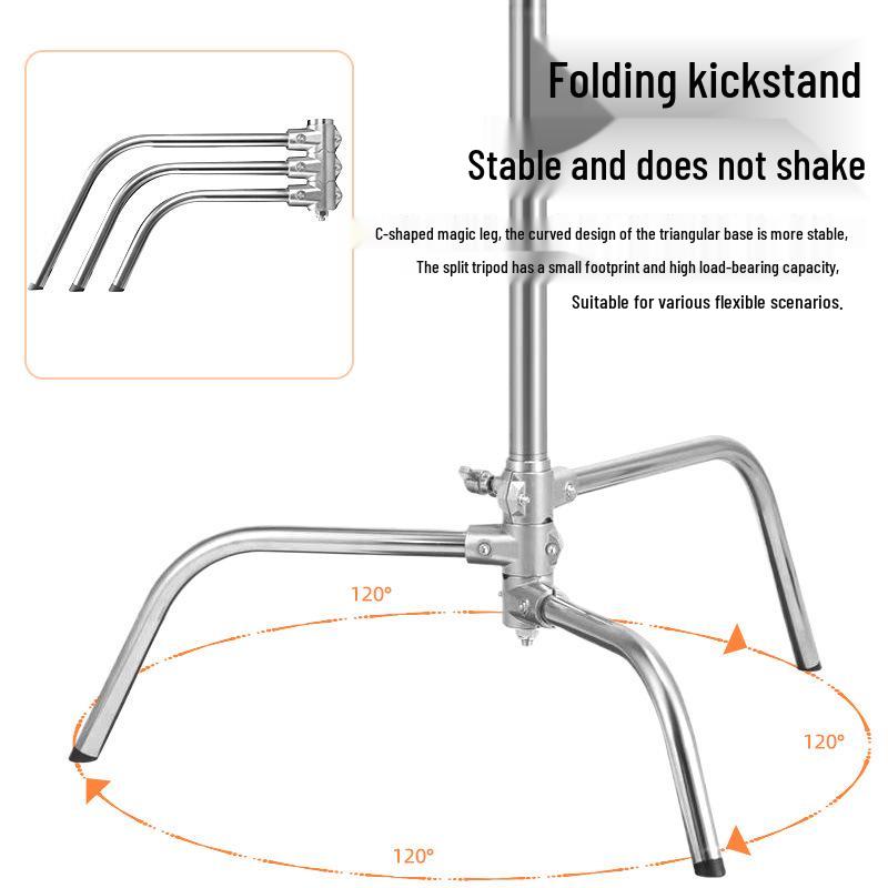 3.3m Stainless Steel Heavy Duty C-Stand with Portable Horizontal & Angled Arm for Photo Studio Lighting.