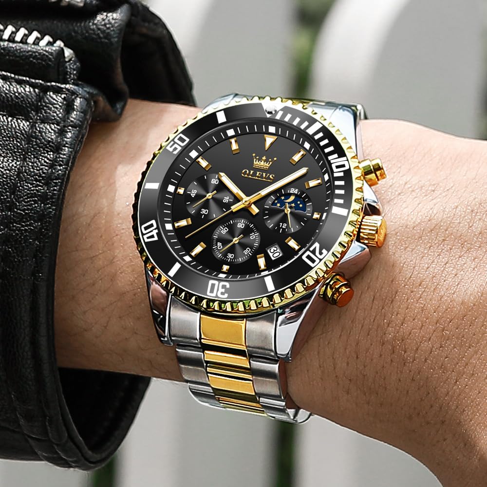 OLEVS Men's Watch Stylish Black Popular Waterproof Quartz Analog Chronograph Stainless Steel Metal Band Simple Easy-to-Read Business Casual Fashion