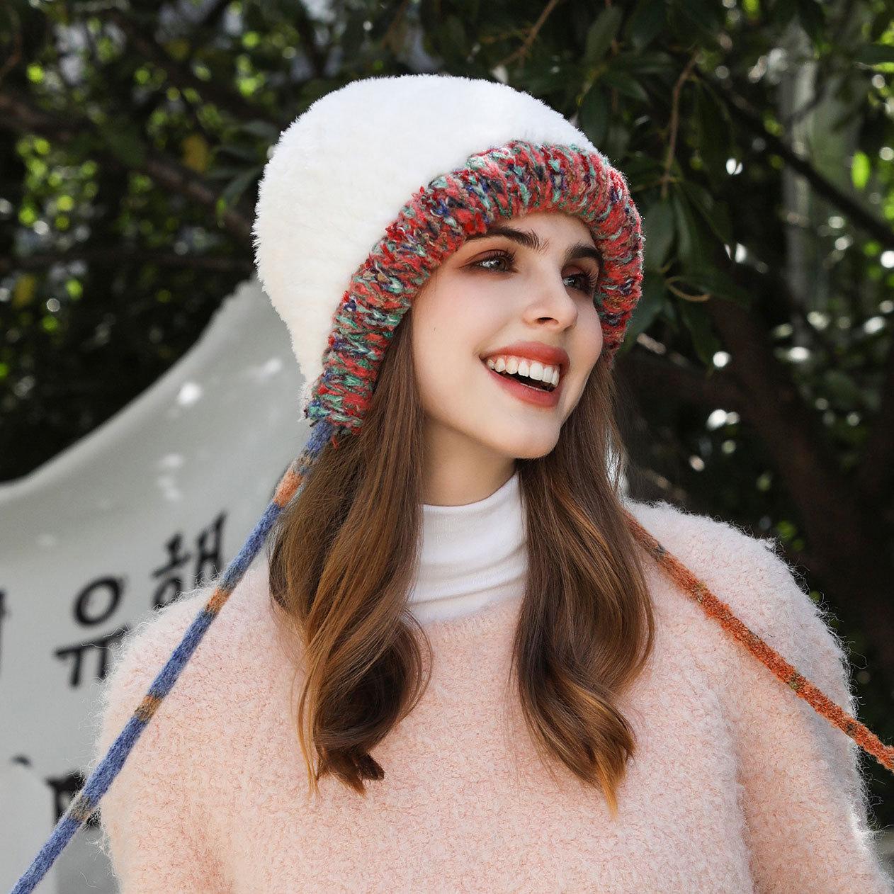 

Thickened plush hat autumn and winter cute women s knitted hat cold-proof and warm ear protection wool hat versatile and small face one size fits all білий