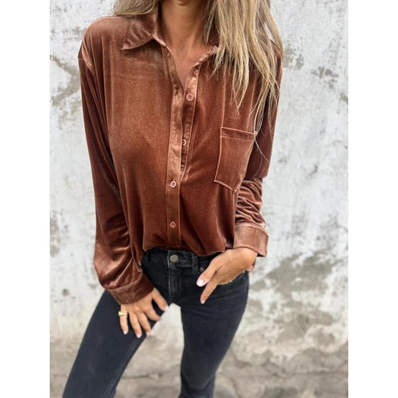 Women S Velvet Long Sleeve Button Down Loose Fit Blouse
