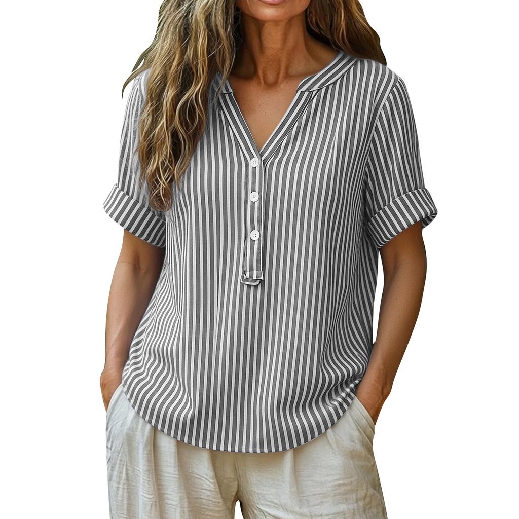 Chemise rayée élégante à boutons en coton et lin pour femme, idéale pour l'été.