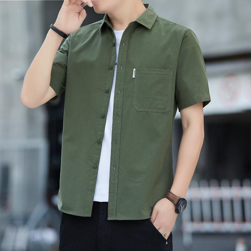 Summer Men's Short Sleeved Shirt Casual Solid Color Thin Washed Shirt