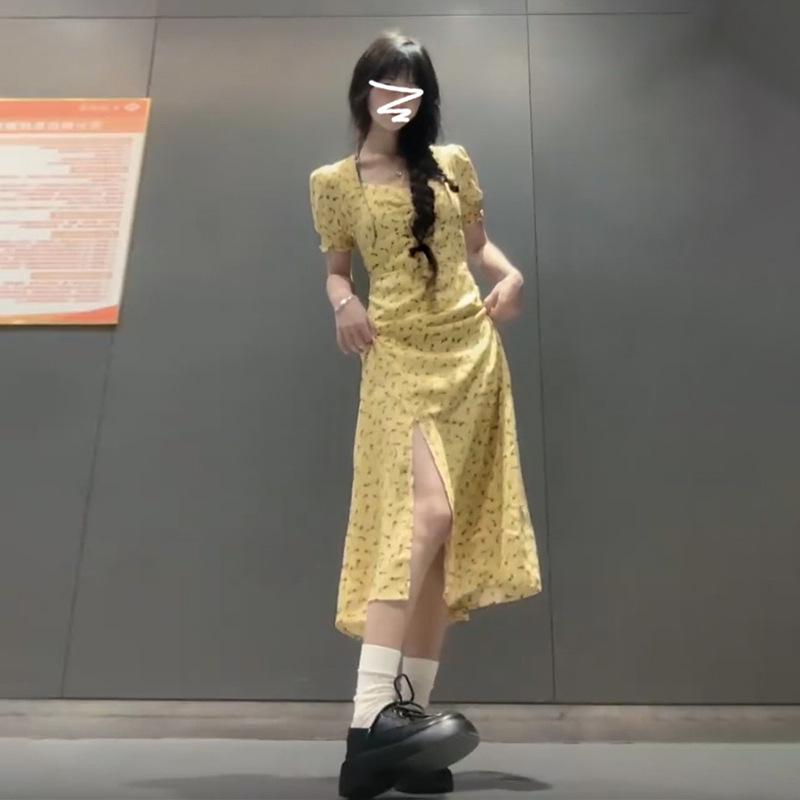 

Women s Summer 2024 Floral Print Square Neck Slit Long Dress XXL for 65/70kg жёлтый