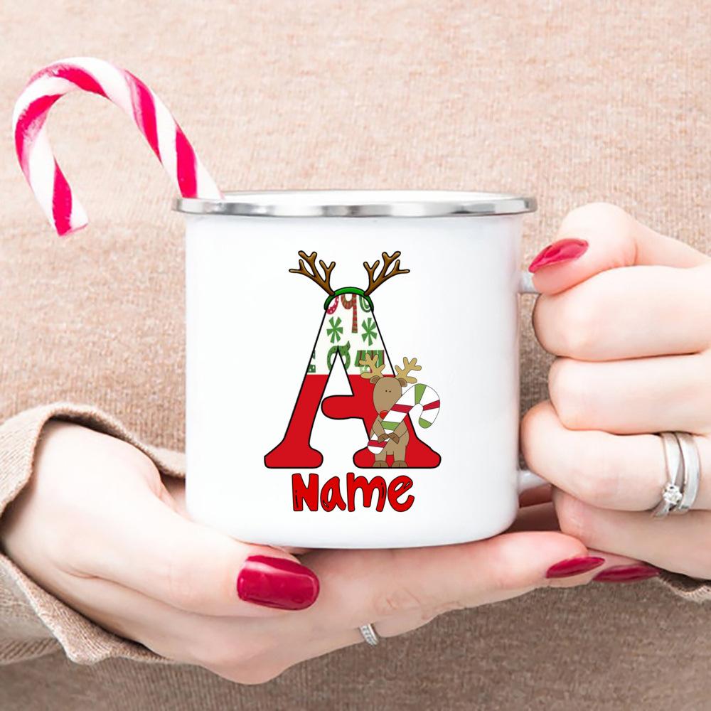 Personlized Reindeer Initial with Name Enamel Cups Christmas Hot Cocoa Chocolate Mug Drink Jiuce Mugs Christmas Gifts for Kids