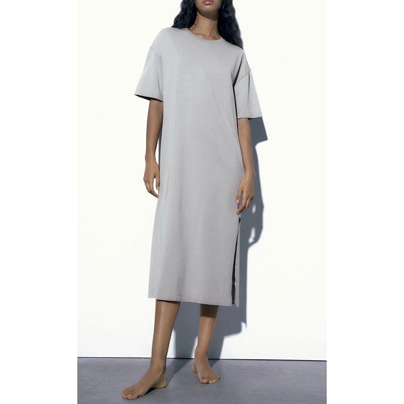Summer New Product Women's Clothes Round Neck Short Sleeve Slit Design Cotton Long A- Line T-shirt Dress 4174465