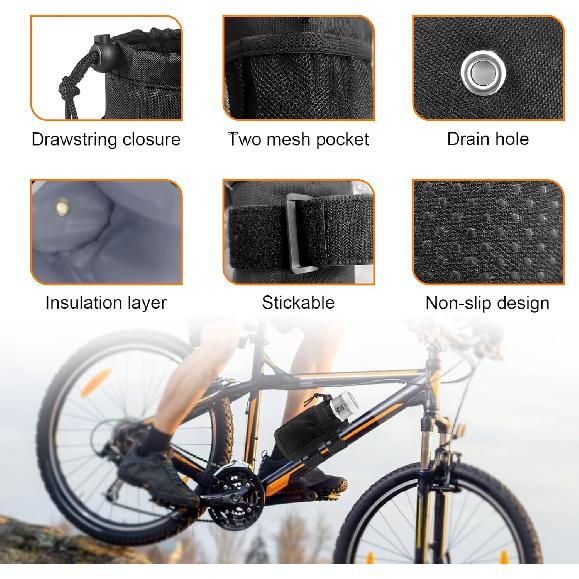 Cup Holder for Bike, Oxford Cycling Drink Holder with Mesh Pocket and Cord Lock, Universal Water Bottle Organizer for Scooter Wheelchair Handlebar,