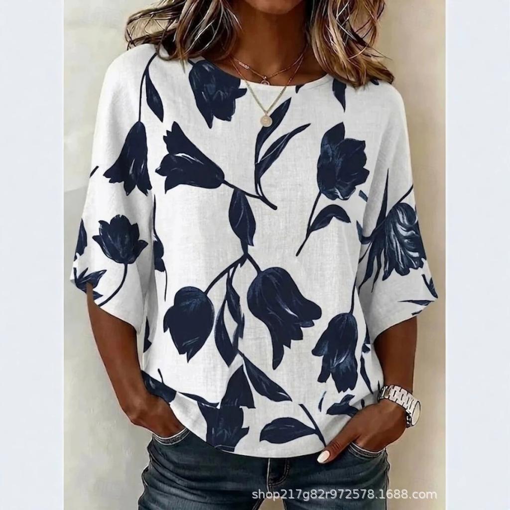 Xiyin's New Summer T-shirt Women's D-printed Retro Round Neck Loose Seven-quarter Sleeve T-shirt Top