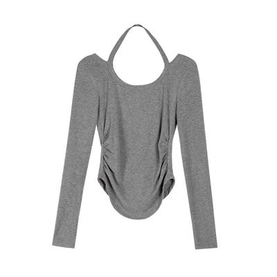 Neckholder Plissee Langarm T-Shirt für Damen Herbst Neues Design Nische Rückenfrei Schlüsselbein Kurzes Oberteil