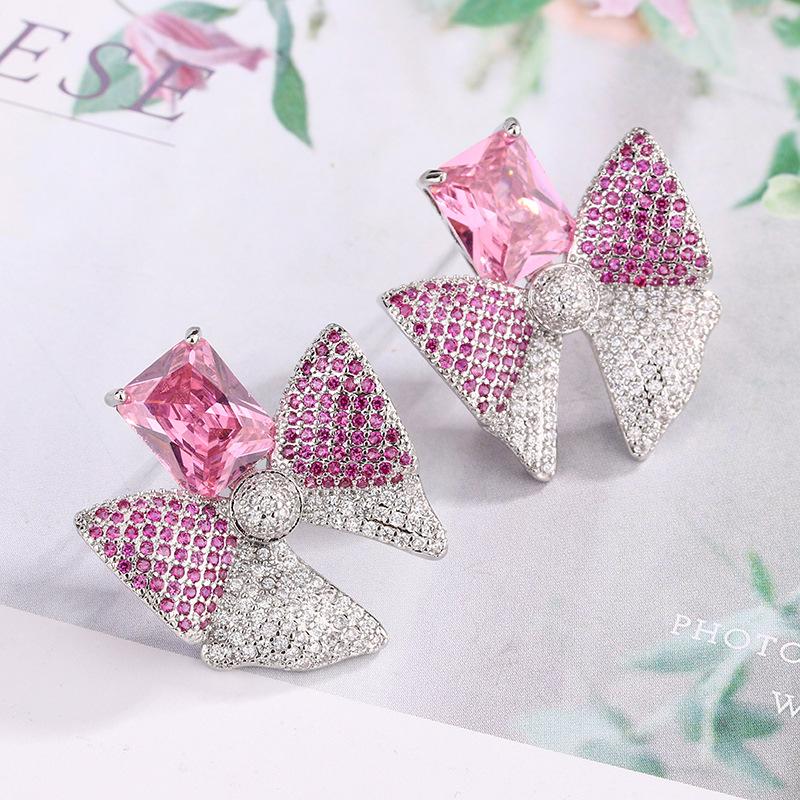 Autumn and Winter New Retro Colored Zirconium Earrings Fashionable Versatile Earrings 925 Silver Needle Bow Premium Women's Style