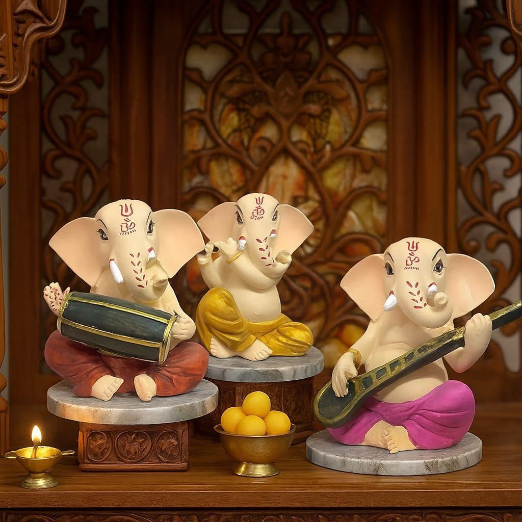 Sitting Ganesha with Musicall Instrumnents Decorative Statue for Home Decor