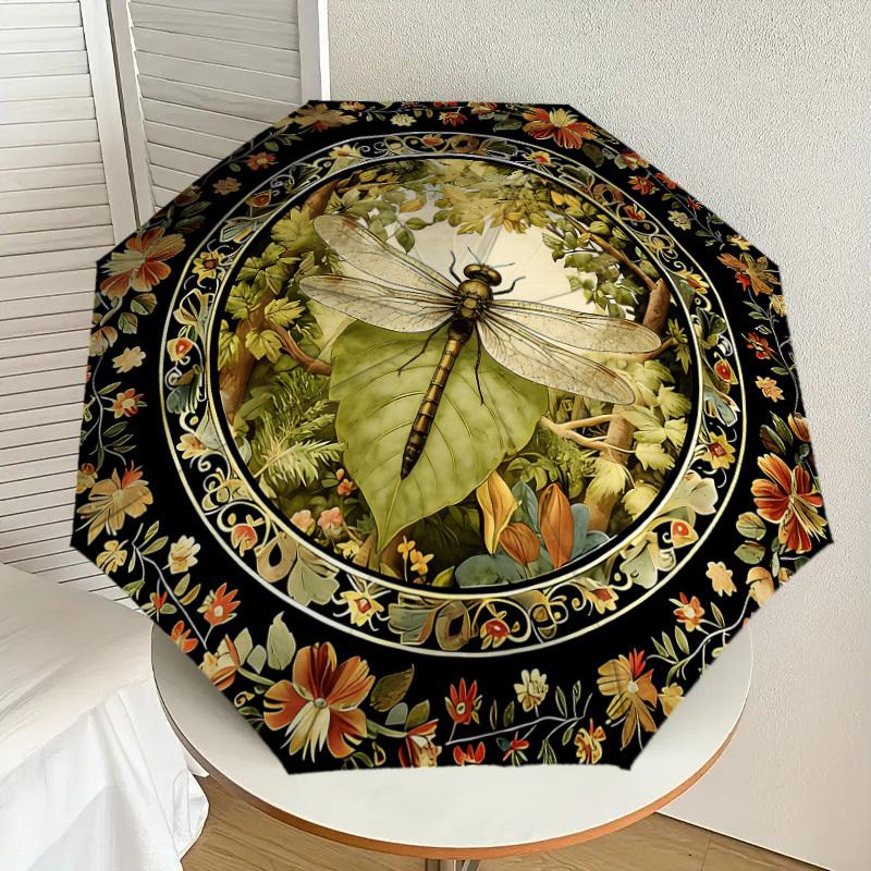 1PC Dragonfly Floral Umbrella-8-Rib Reinforced, Automatic Open, Lightweight & Durable, Cute Fashion Accessory for Outdoor, Beach or Casual Use, Beach
