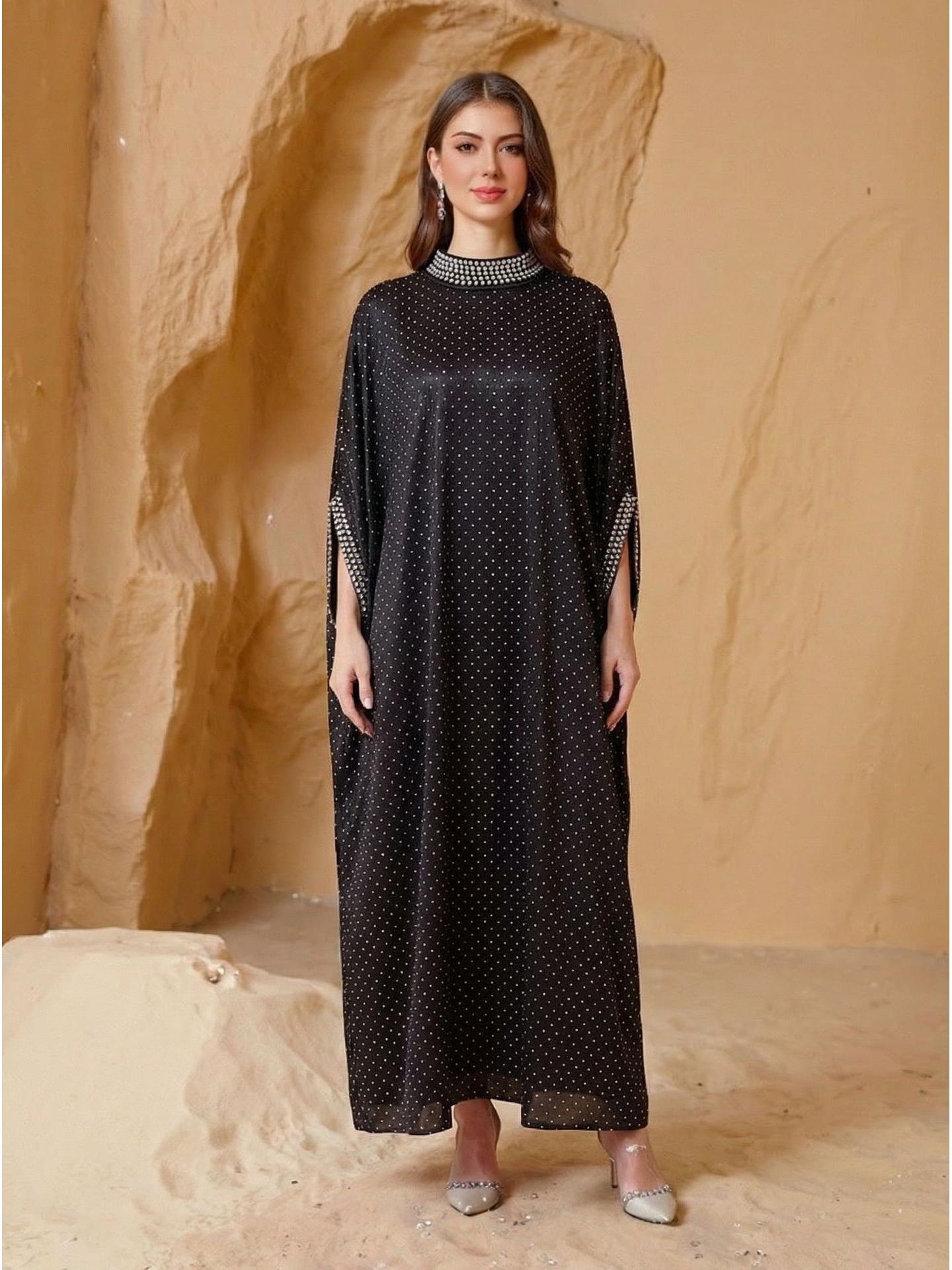

Elegant Rhinestone-Embellished Polka Dot Abaya with Long Sleeves XL чорний