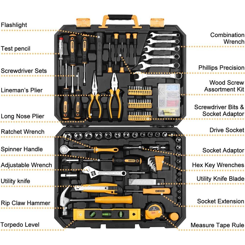 DEKOPRO 208 Piece Tool Set,General Household Hand Tool Kit, Auto Repair Tool Box with Plastic Toolbox Storage Case