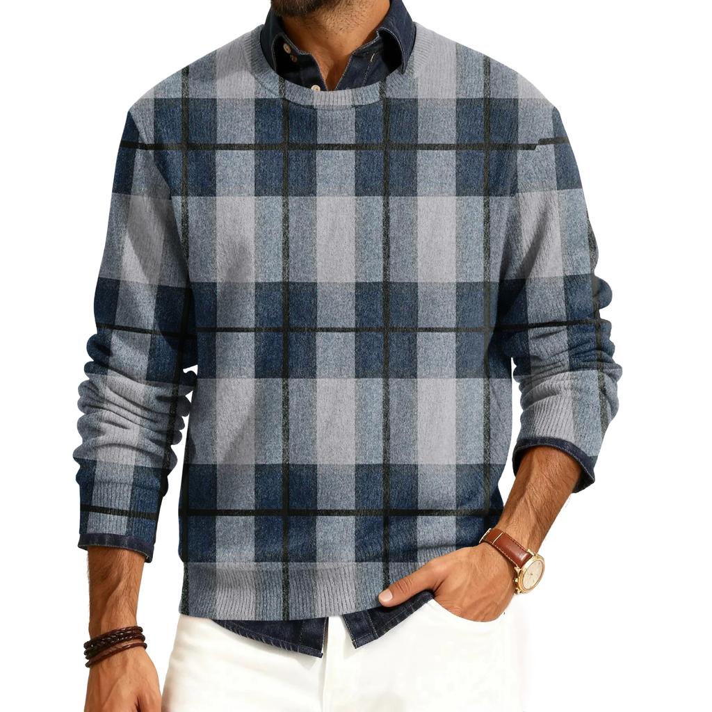 Męski sweter z okrągłym dekoltem, długim rękawem i prążkowanej dzianiny