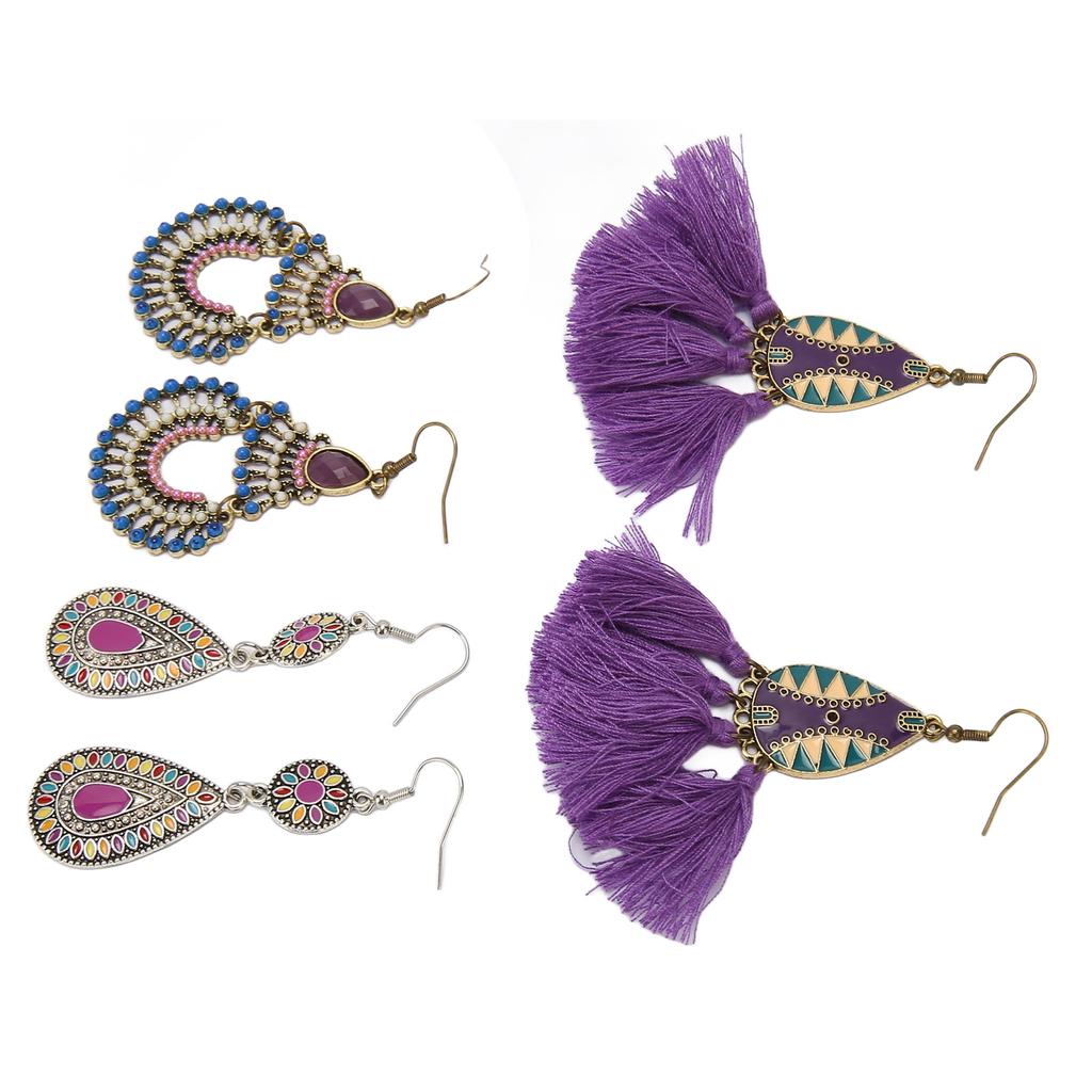 3 Pairs Ethnic Tassel Earrings Set Comfortable Lightweight Safety Vintage Ethnic Earrings for Women