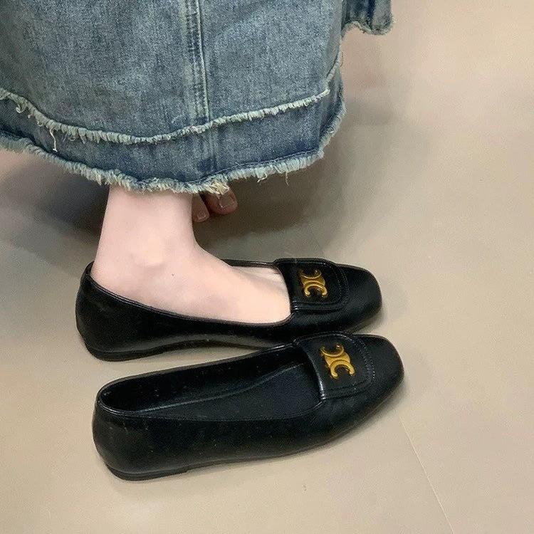 Women's fashion casual comfortable soles women's white imitation leather elastic new metal letter one-foot flat ballet shoes