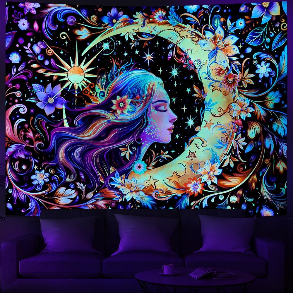 Serborlur Blacklight Sun and Moon Tapestry UV Reactive Psychedelic Floral Tapestries Galaxy Space Tapestry Hippie Boho Mandala Wall Hanging Flower