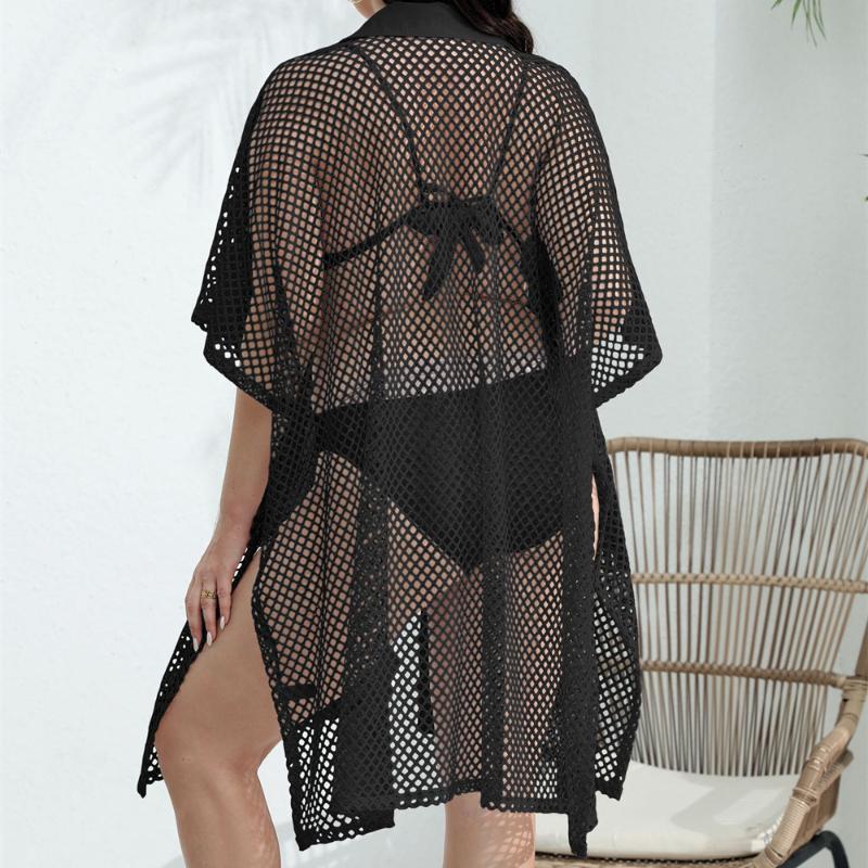 Aesthetic Casual Plus Size Mesh Patchwork Dress Women Fashion Design Loose Short Sleeve Dresses Female Summer Chic Hollow Out Lapel Clothing Lady