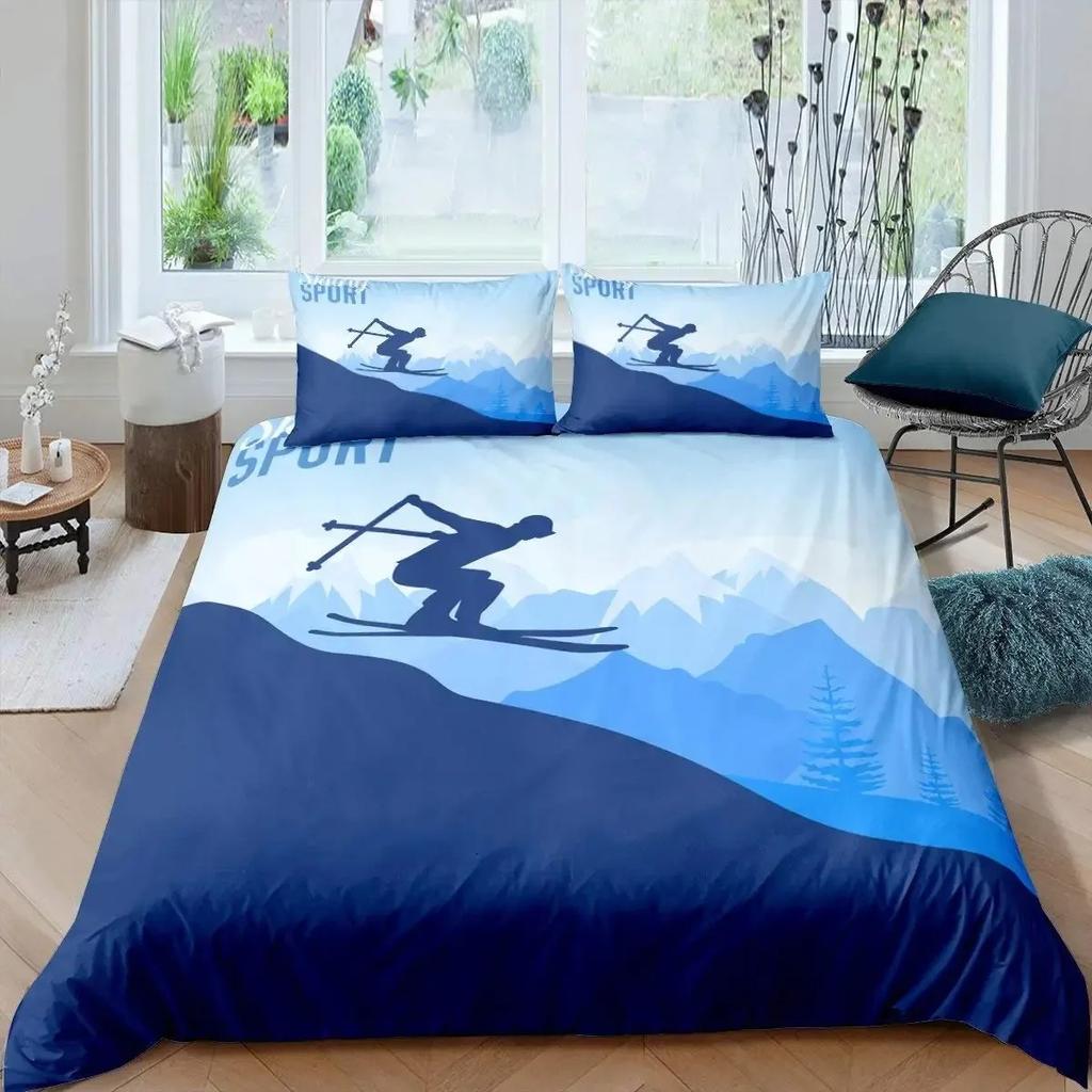 Ski Sport Bettbezug Set Doppelgröße Wintersport Skifahren Bettwäschesets Schneebirgenlandschaft Bettdeckenbezug für Jungen Mädchen