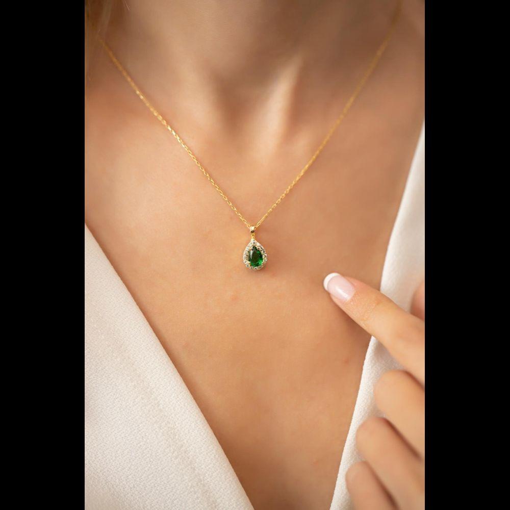 Drop Model Emerald Stone Gold Plated Sterling Silver Italian Necklace