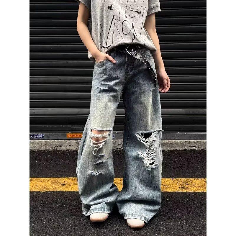 New American high street washing water, old ripped jeans, men's and women's trendy brand loose scimitar pants