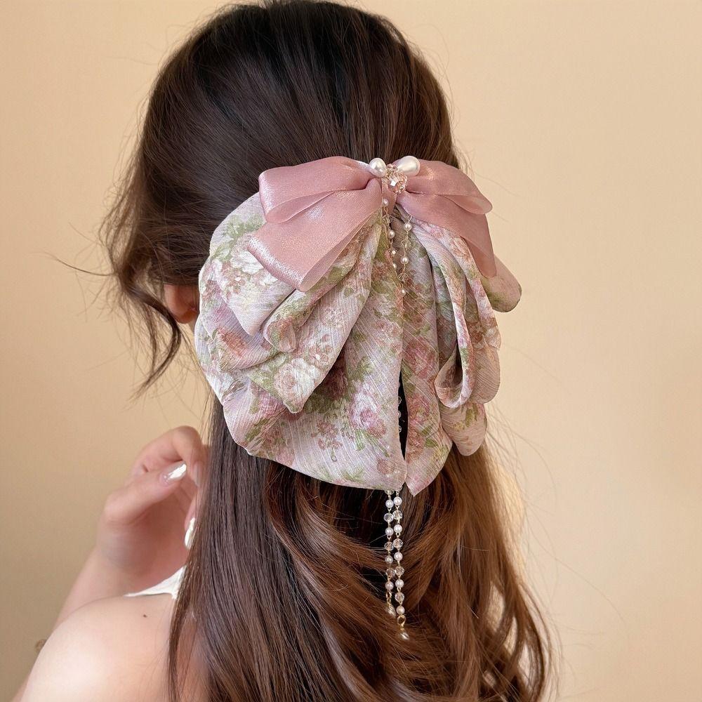 Floral Bow Ribbon Hair Claw Grab Clip Flower Hairpin Barrettes Chiffon Bowknot Hair Clip  Women