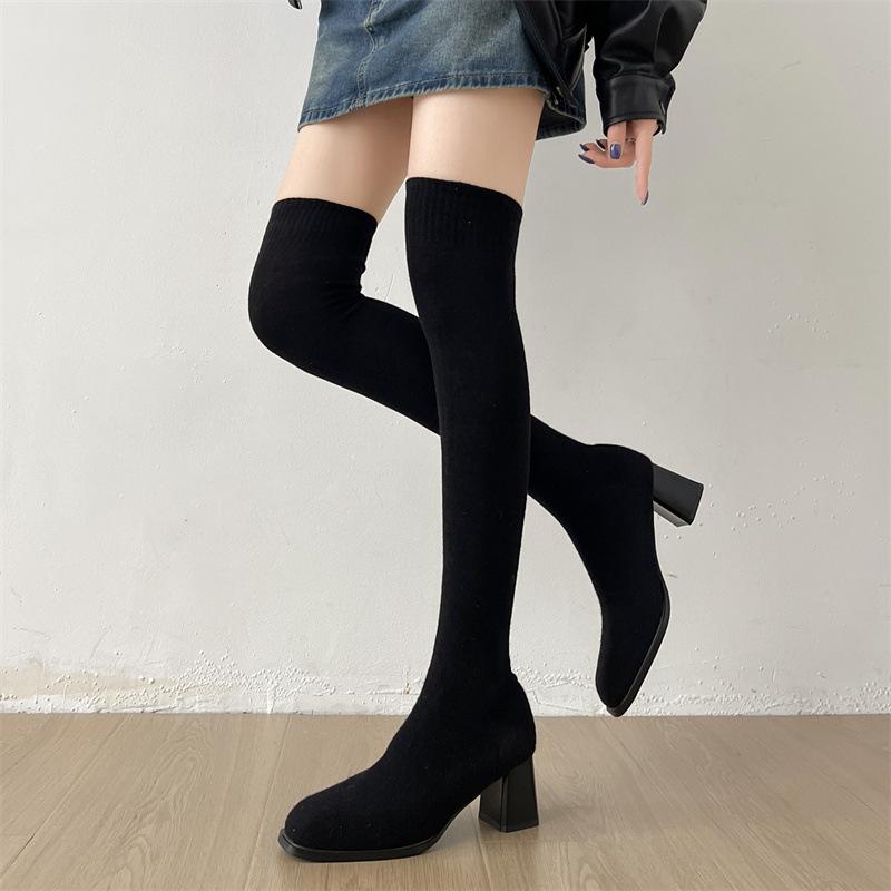 Flying Woven Thick Heel Small Square Head Thin Boots 2025 Autumn New Thick-soled Casual Versatile Knee Boots Elastic Socks Boots