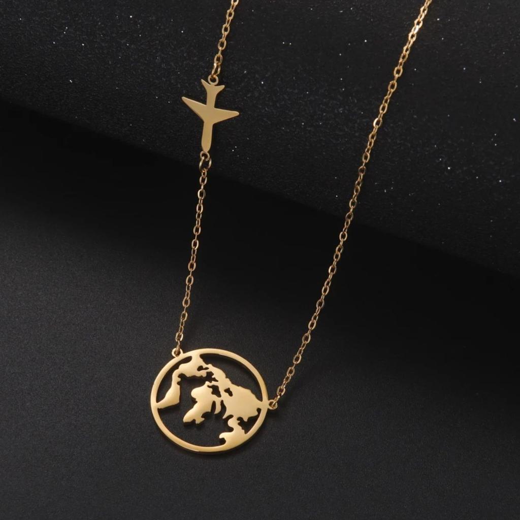 Jeshayuan Hollow World Map Necklace Aircraft And Globe Circle Charm Necklace Birthday Gifts