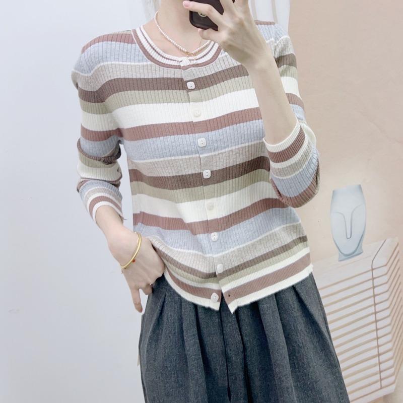 Early Autumn New Hanpai Fashion Casual Striped Stretch Open Button Long Sleeve Knitwear