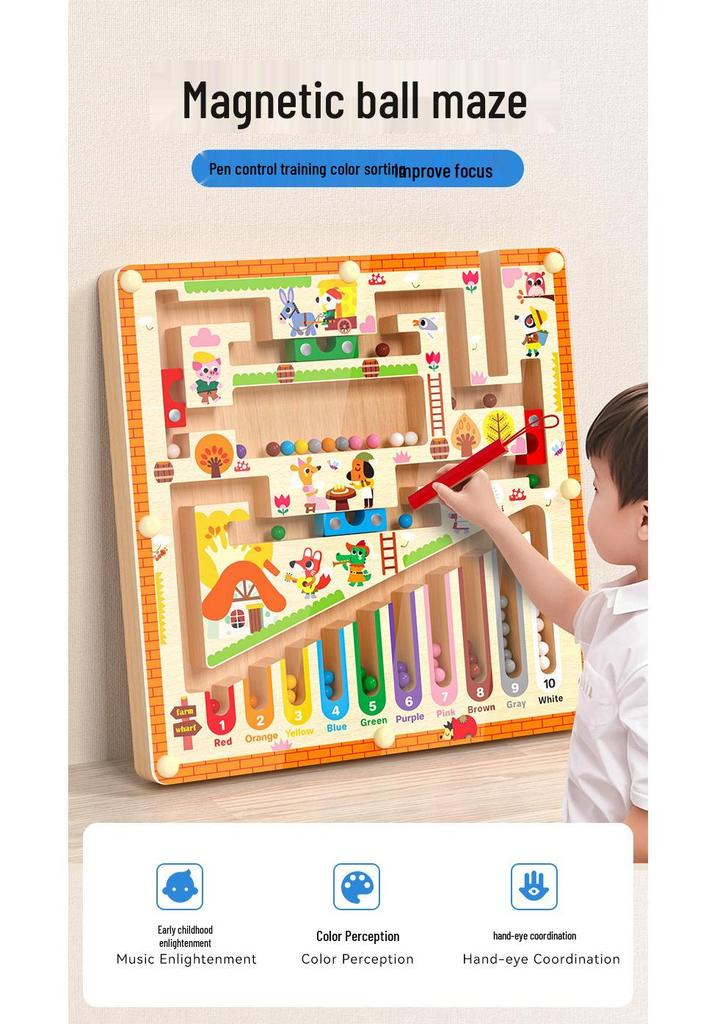 Kids Wooden Magnetic Maze: Pencil Control, Logical Thinking & Concentration Toy for Ages 3-6