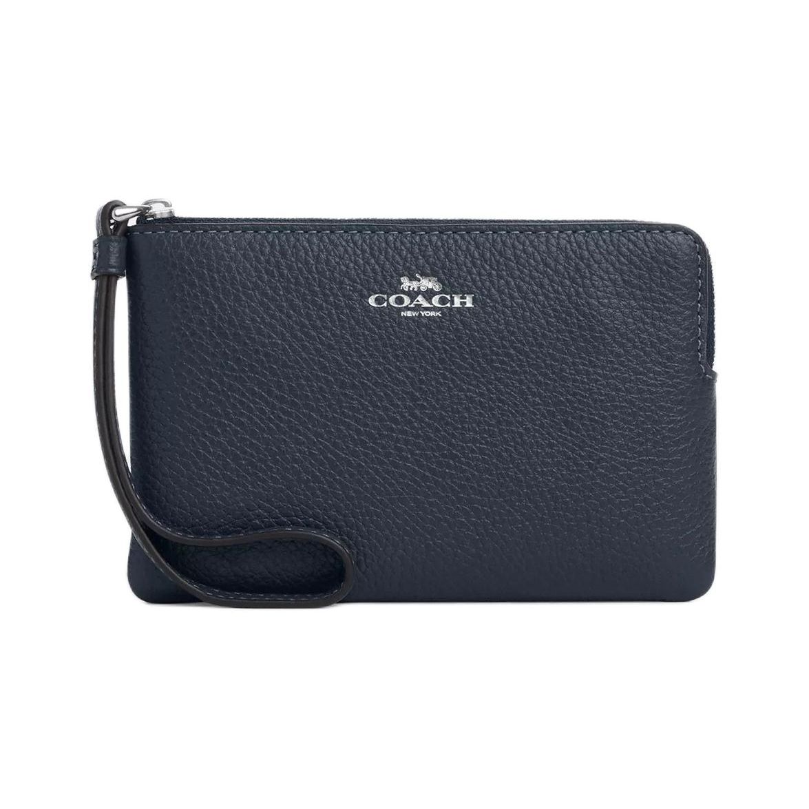Coach Corner Zip Wristlet 16 Solid Pebble Grain Leather Mini Wristlet Women wristlet Navy-Blue CP483-SVDE Basic Set (Bag+Dust Bag)