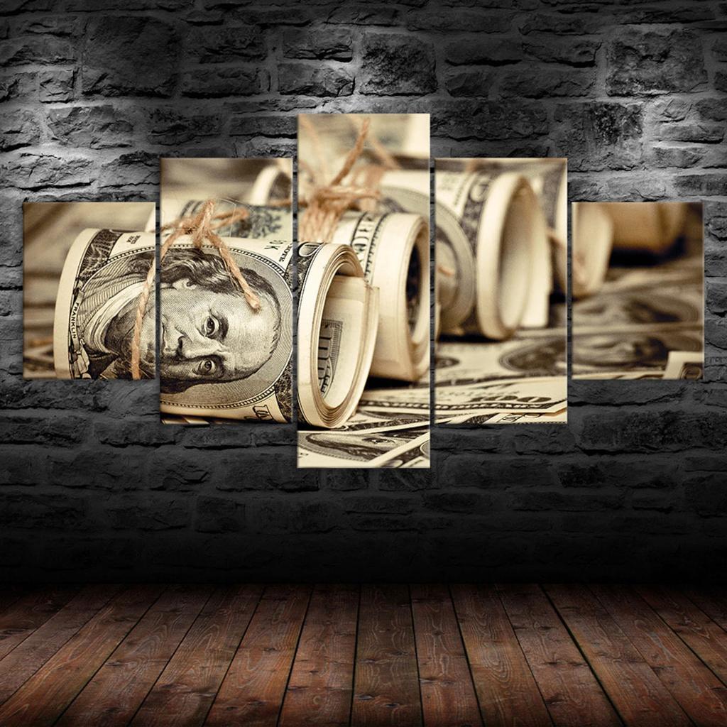 Dollar Bills Benjamin's Money Rolls Fiat Currency 5 Piece Five Panel Wall Canvas Print Modern Art Poster Picture Home Decor Gift For Him Her